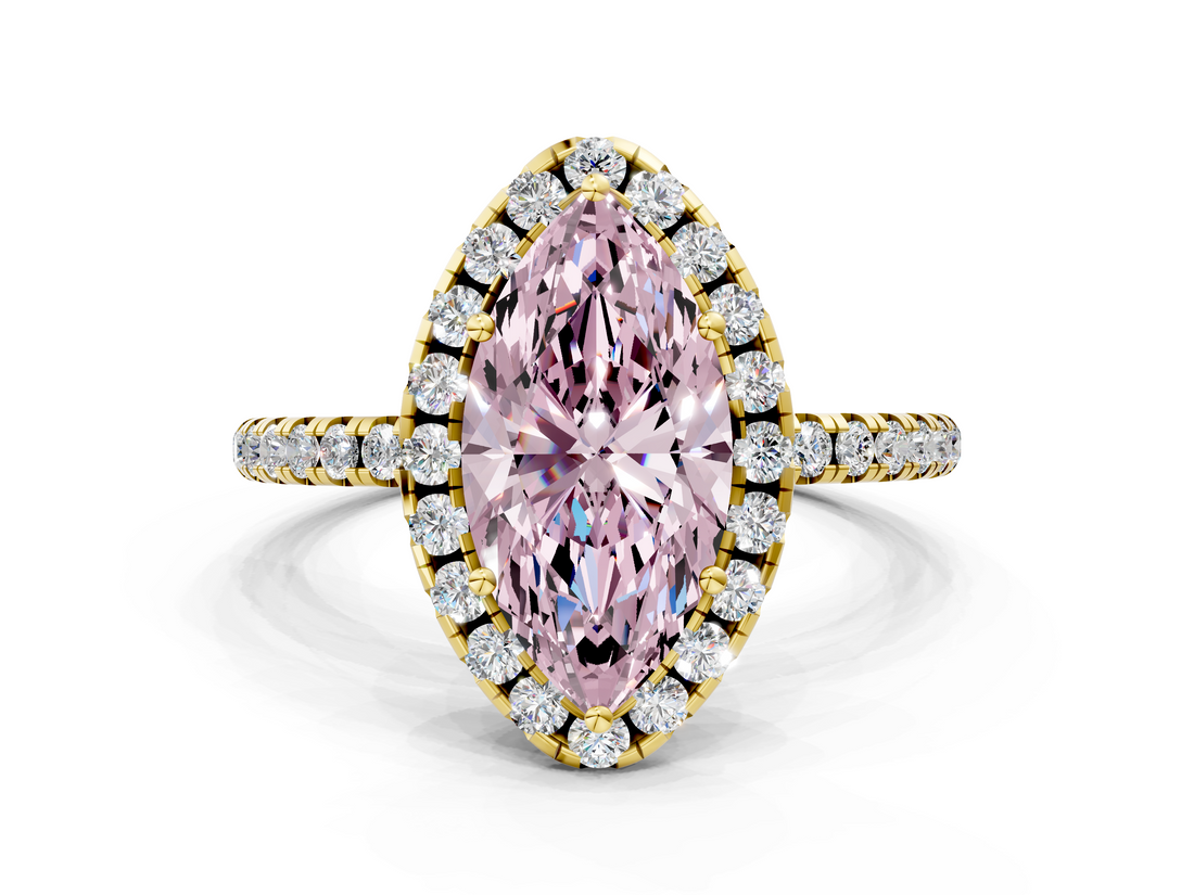 Yellow gold Fancy Pink Marquise  Halo Round Diamond Pavé Band Four-Prong Ring_3