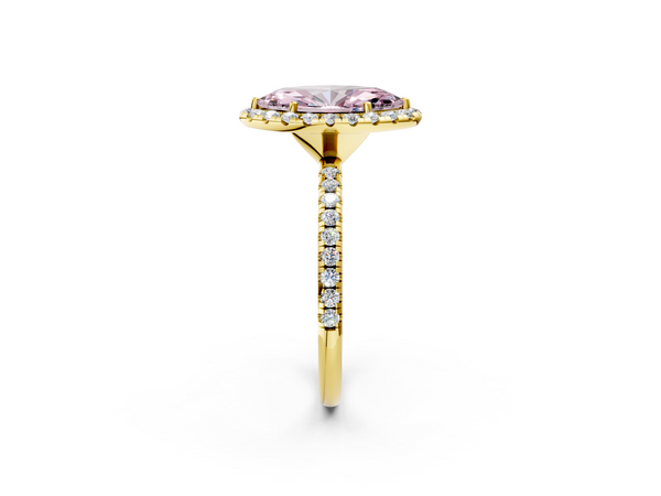 Yellow gold Fancy Pink Marquise  Halo Round Diamond Pavé Band Four-Prong Ring