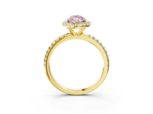 Yellow gold Fancy Pink Marquise  Halo Round Diamond Pavé Band Four-Prong Ring