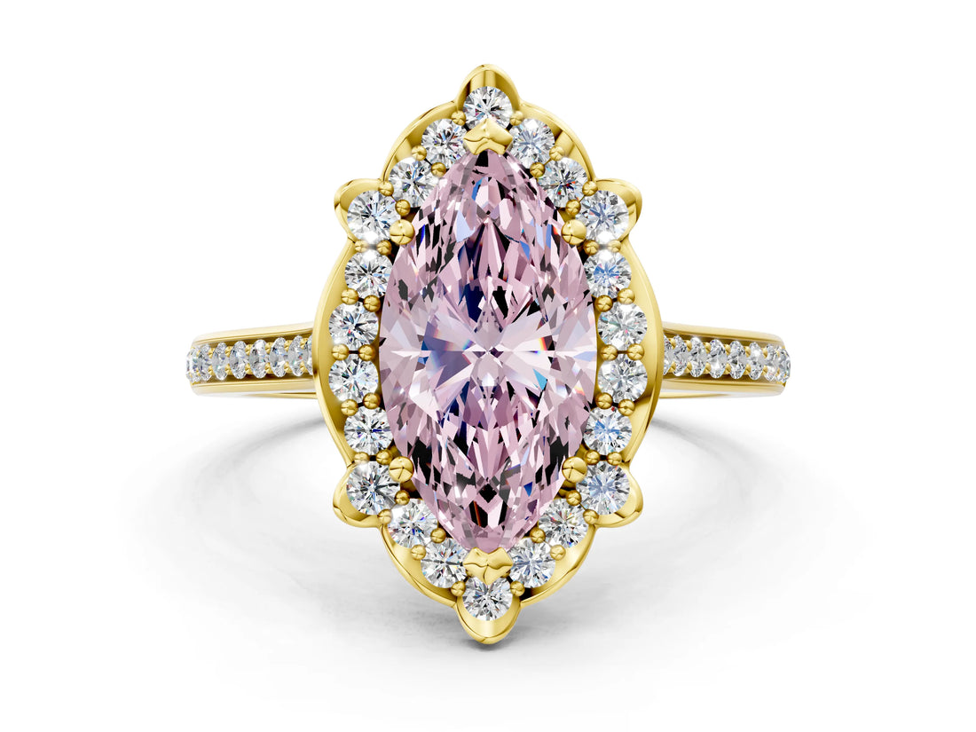 Yellow gold Fancy Pink Marquise  Halo Round Diamond Pave Band with Four-Prong Setting_38