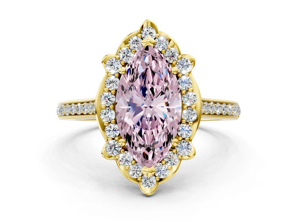 Yellow gold Fancy Pink Marquise  Halo Round Diamond Pave Band with Four-Prong Setting