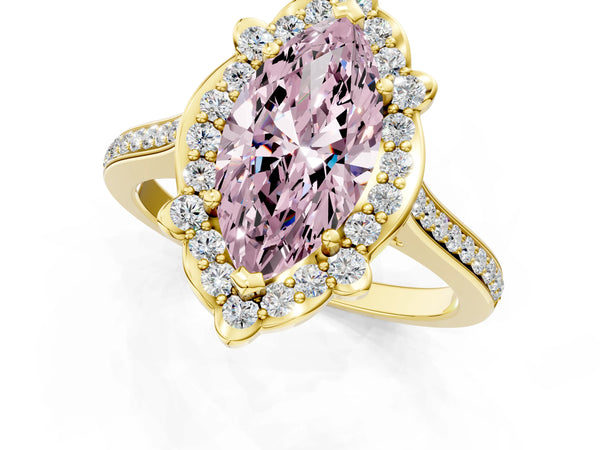 Yellow gold Fancy Pink Marquise  Halo Round Diamond Pave Band with Four-Prong Setting