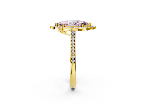 Yellow gold Fancy Pink Marquise  Halo Round Diamond Pave Band with Four-Prong Setting
