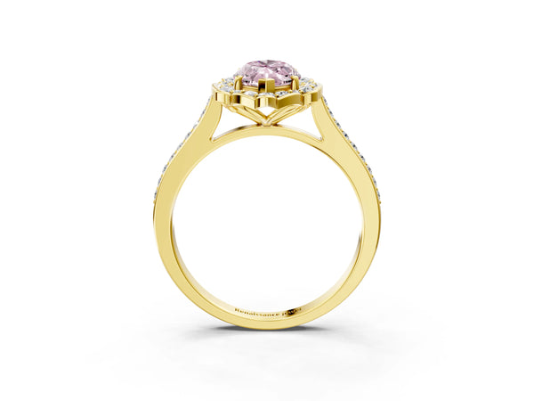 Yellow gold Fancy Pink Marquise  Halo Round Diamond Pave Band with Four-Prong Setting
