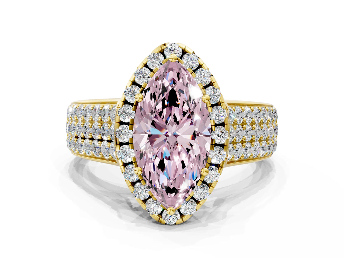 Yellow gold Fancy Pink Marquise  Halo Round Diamond Pave Band with Prong Setting
