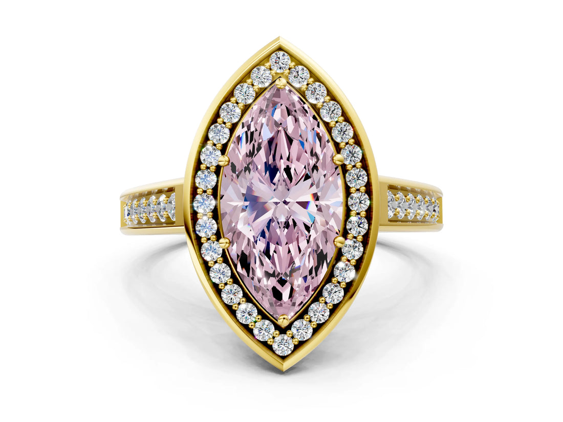 Yellow gold Fancy Pink Marquise  Halo Solitaire Diamond Ring with Pave Band and Bezel Setting_49