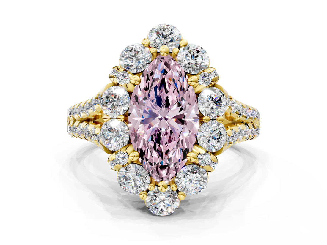 Yellow gold Fancy Pink Marquise  Halo Split Shank Diamond Engagement Ring with Pave Band and Four-Prong Setting_54
