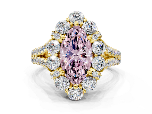 Yellow gold Fancy Pink Marquise  Halo Split Shank Diamond Engagement Ring with Pave Band and Four-Prong Setting