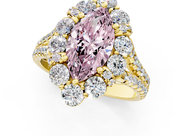 Yellow gold Fancy Pink Marquise  Halo Split Shank Diamond Engagement Ring with Pave Band and Four-Prong Setting