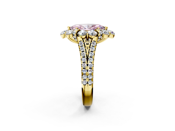 Yellow gold Fancy Pink Marquise  Halo Split Shank Diamond Engagement Ring with Pave Band and Four-Prong Setting