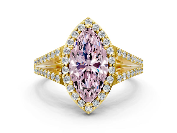 Yellow gold Fancy Pink Marquise  Halo Split Shank Pave Diamond Ring with Four-Prong Setting
