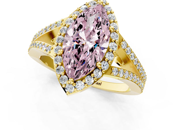 Yellow gold Fancy Pink Marquise  Halo Split Shank Pave Diamond Ring with Four-Prong Setting