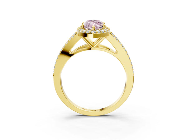 Yellow gold Fancy Pink Marquise  Halo Split Shank Pave Diamond Ring with Four-Prong Setting