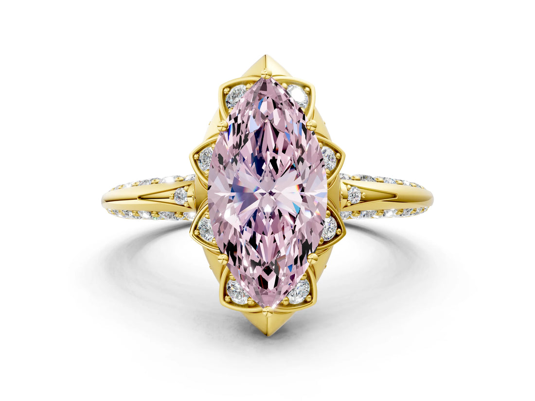 Yellow gold Fancy Pink Marquise  Halo Split Shank Pave Diamond Ring with Petal Prong Setting_19