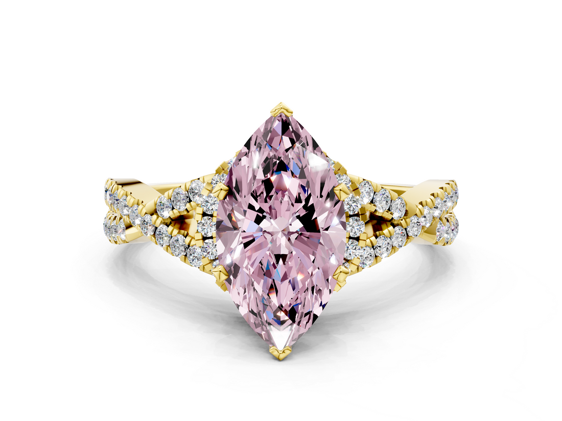 Yellow gold Fancy Pink Marquise  Halo Twist Band Solitaire Prong Setting Ring_63