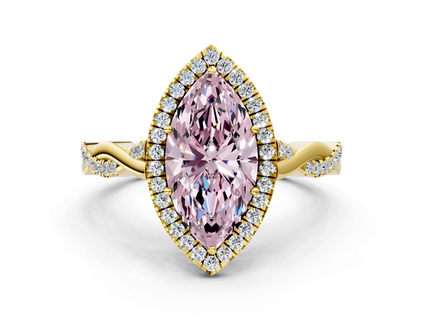Yellow gold Fancy Pink Marquise  Halo Twist Band Solitaire Ring