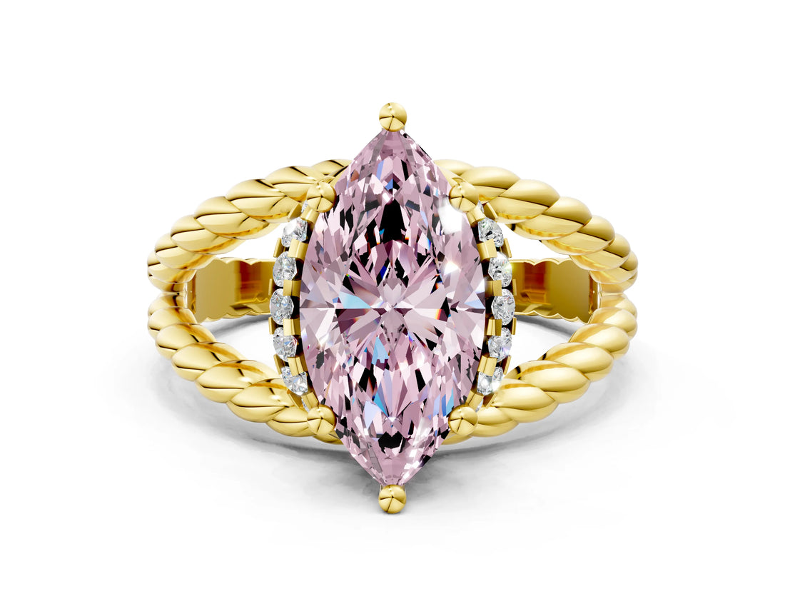Yellow gold Fancy Pink Marquise  Halo Twisted Band Four-Prong Ring_49