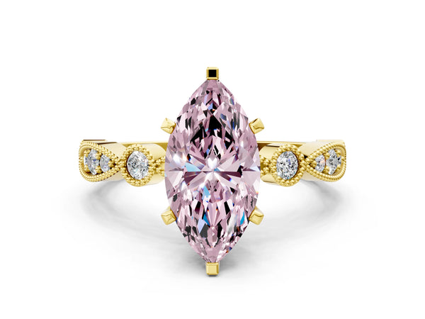 Yellow Gold Marquise Milgrain Bezel Engagement Ring Setting for Fancy Pink Center