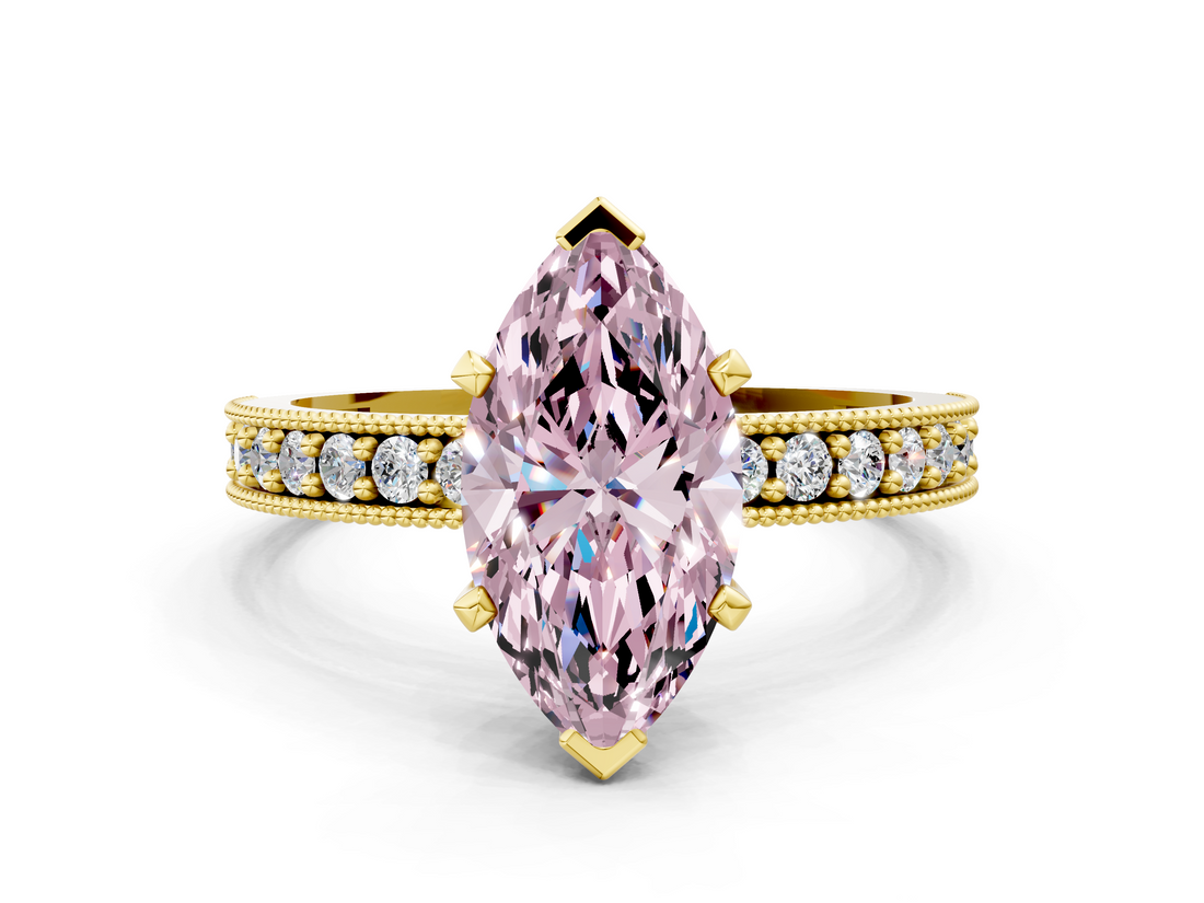 Yellow gold Fancy Pink Marquise  Milgrain Pave Diamond Engagement Ring with Four-Prong Setting_133
