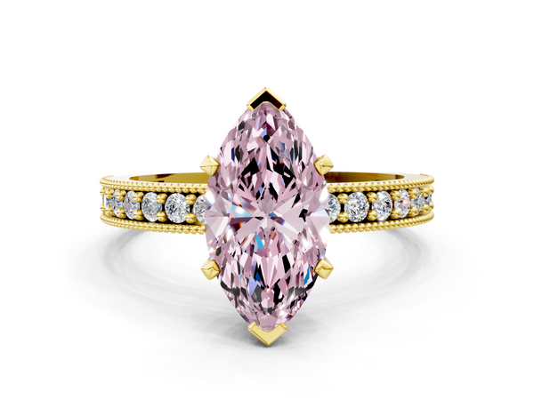 Yellow gold Fancy Pink Marquise Cut Diamond Milgrain Pavé Engagement Ring with Four-Prong Setting