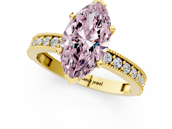 Yellow gold Fancy Pink Marquise Cut Diamond Milgrain Pavé Engagement Ring with Four-Prong Setting