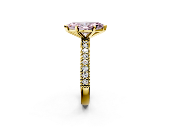 Yellow gold Fancy Pink Marquise Cut Diamond Milgrain Pavé Engagement Ring with Four-Prong Setting