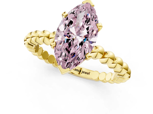 Yellow gold Fancy Pink Marquise Cut Diamond Solitaire Ring with Beaded Band and Prong Setting