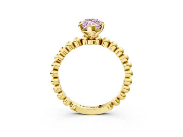 Yellow gold Fancy Pink Marquise Cut Diamond Solitaire Ring with Beaded Band and Prong Setting