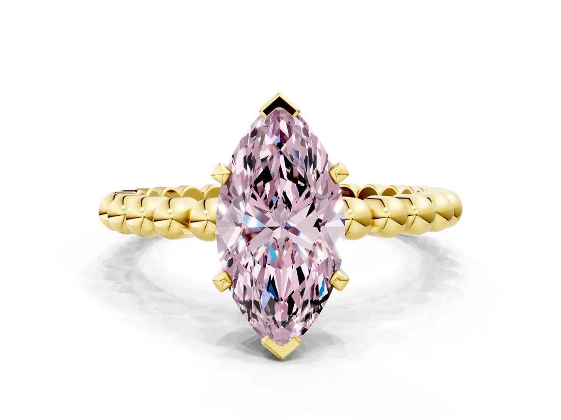Yellow gold Fancy Pink Marquise  Solitaire Beaded Band Prong Setting Ring