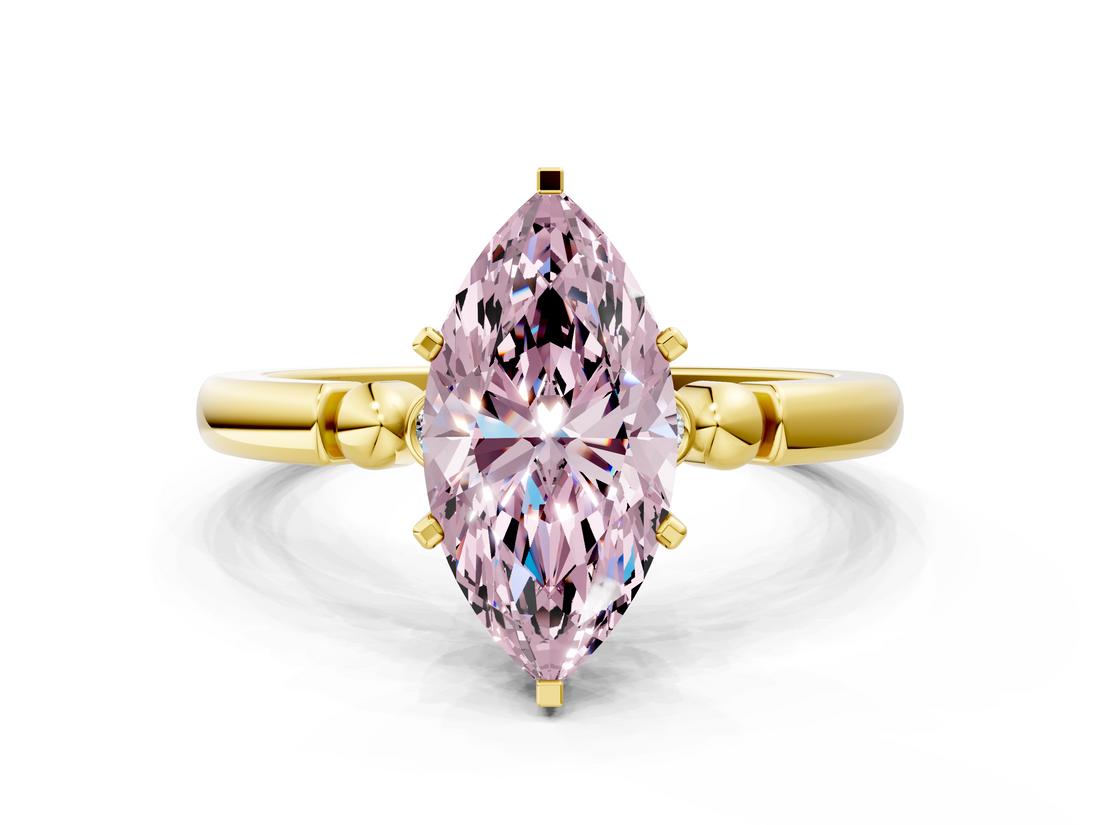 Yellow gold Fancy Pink Marquise  Solitaire Beaded Band with Four-Prong Setting_59