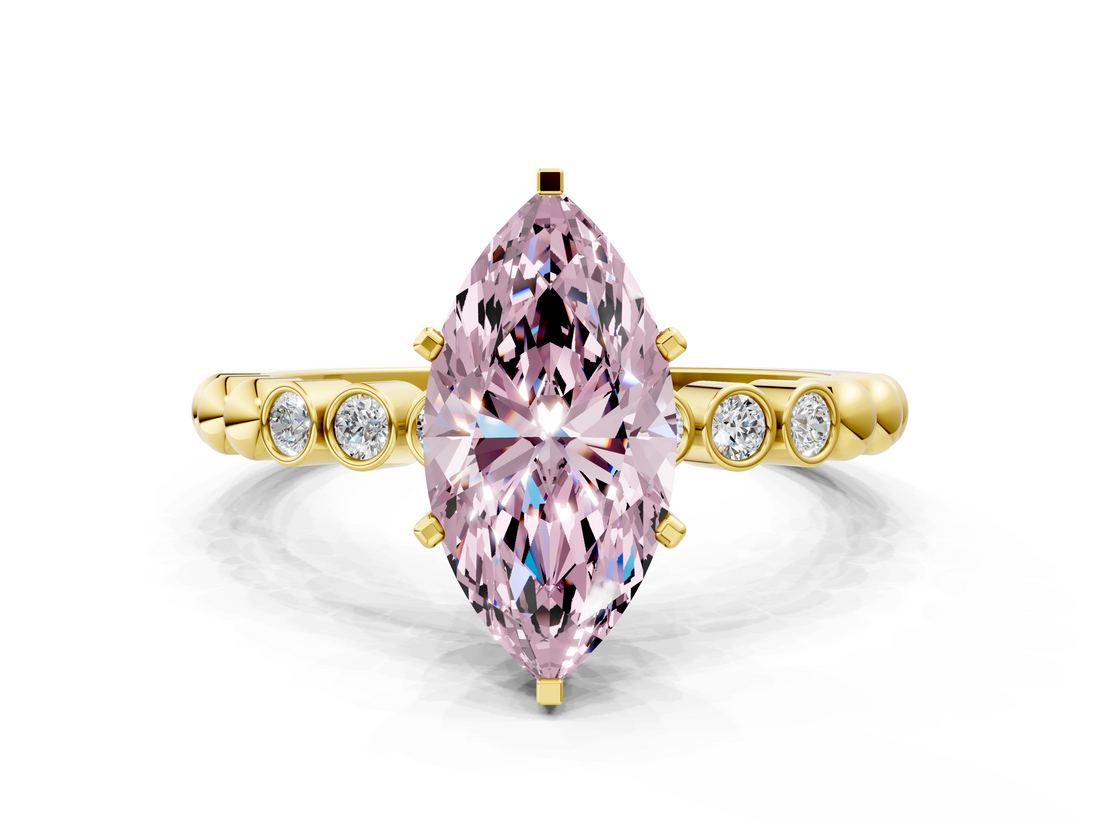 Yellow gold Fancy Pink Marquise  Solitaire Bezel Accent Diamond Engagement Ring with Beaded Band and Four-Prong Setting_24