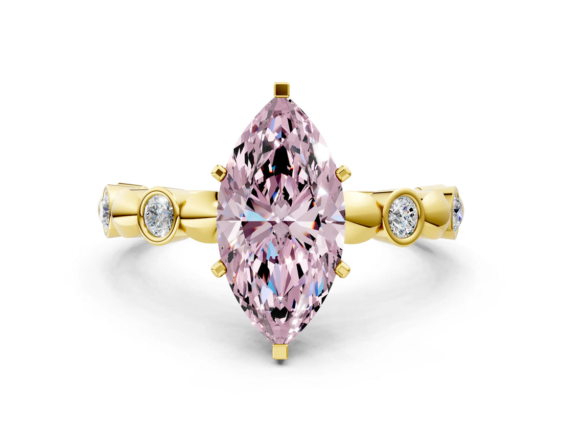 Yellow gold Fancy Pink Marquise  Solitaire Bezel-Set Diamond Ring with Beaded Band and Four-Prong Setting_32