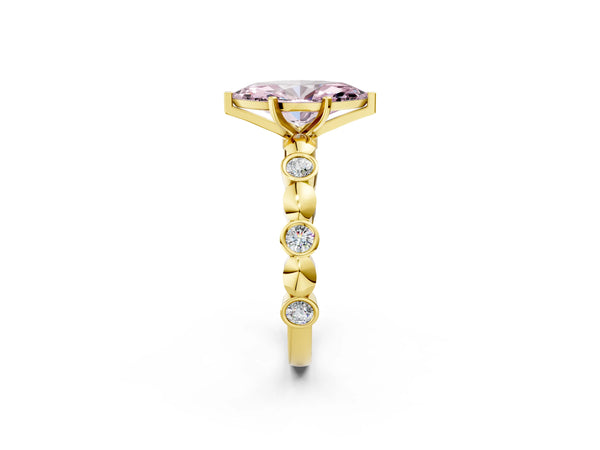 Yellow Gold Marquise Engagement Ring Setting for Fancy Pink Center with Bezel Station Beaded Band