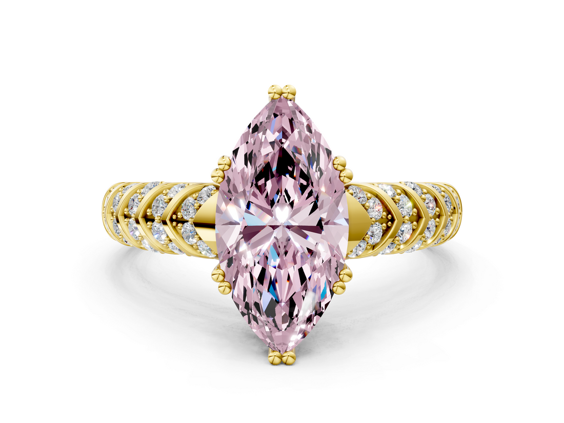 Yellow gold Fancy Pink Marquise  Solitaire Chevron Pave Diamond Engagement Ring with Six-Prong Setting_3