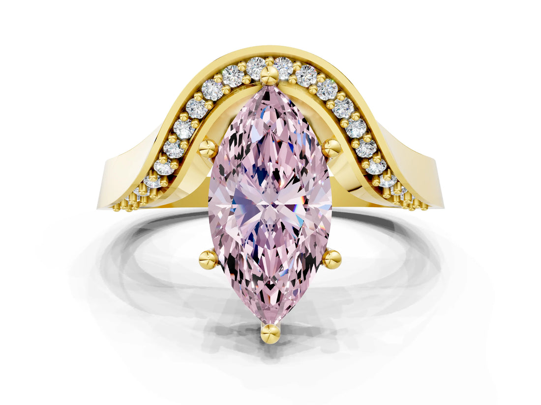 Yellow gold Fancy Pink Marquise  Solitaire Diamond Engagement Ring with Pave Band and Four-Prong Setting