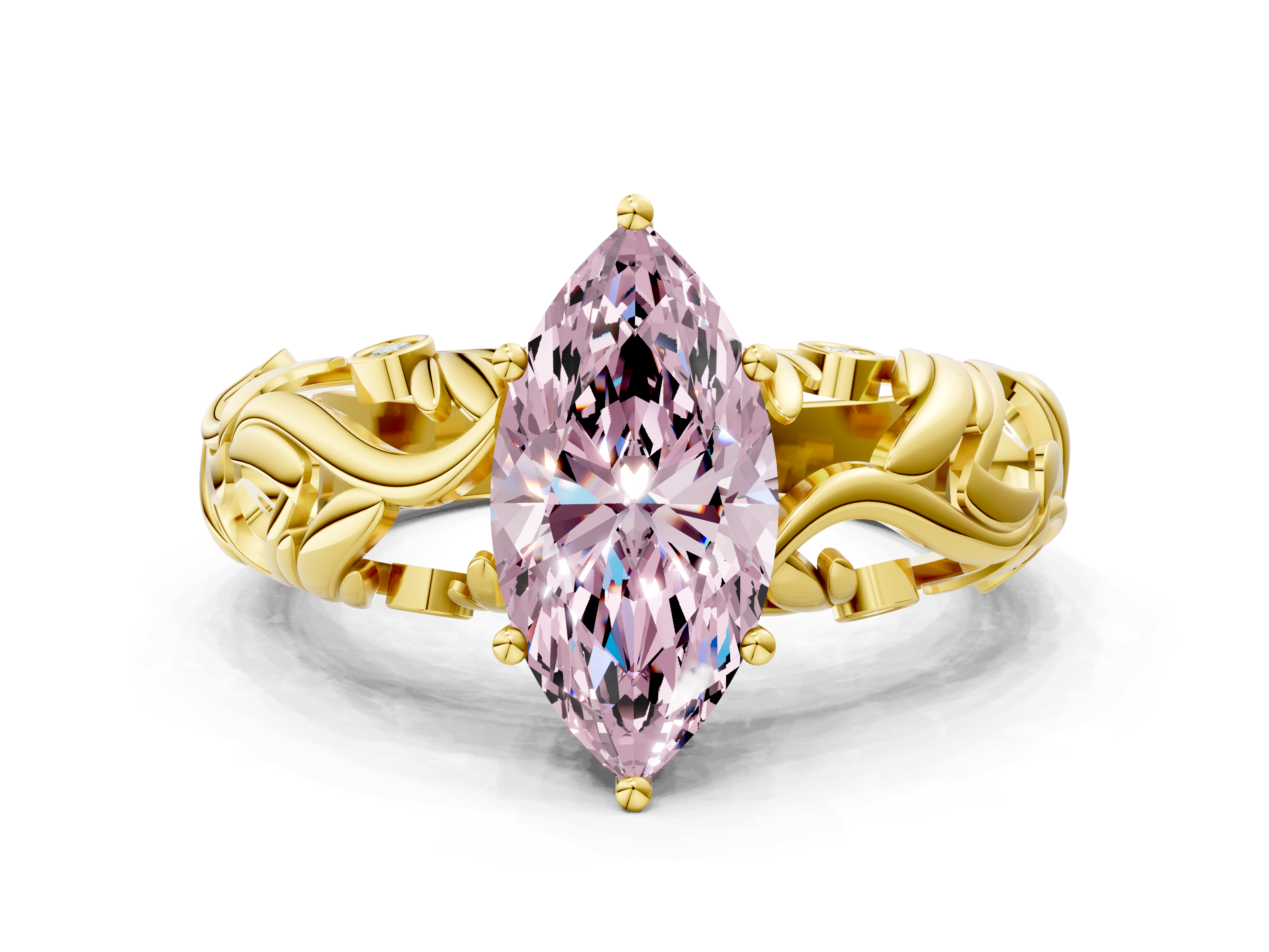 Yellow gold Fancy Pink Marquise  Solitaire Diamond Leaf Vine Band with Prong Setting_48