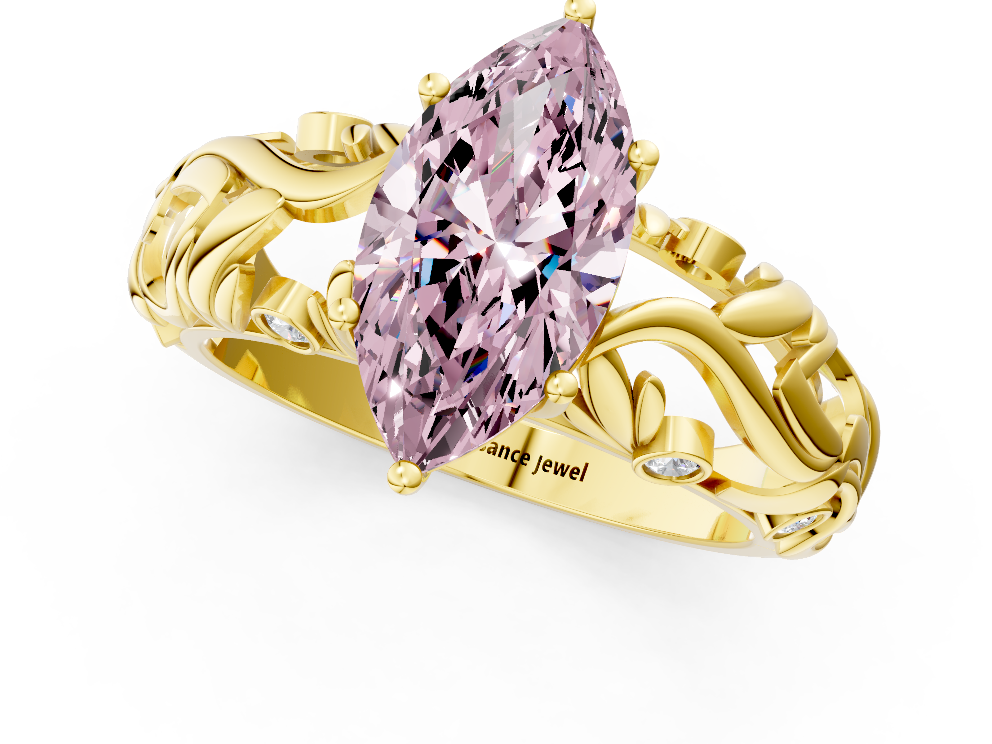 Yellow gold Fancy Pink Marquise  Solitaire Diamond Leaf Vine Band with Prong Setting_49