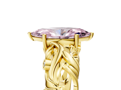Yellow gold Fancy Pink Marquise  Solitaire Diamond Leaf Vine Band with Prong Setting_53
