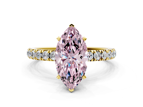Yellow gold Fancy Pink Marquise Cut Diamond Solitaire Ring with Pavé Accents and Four-Prong Setting