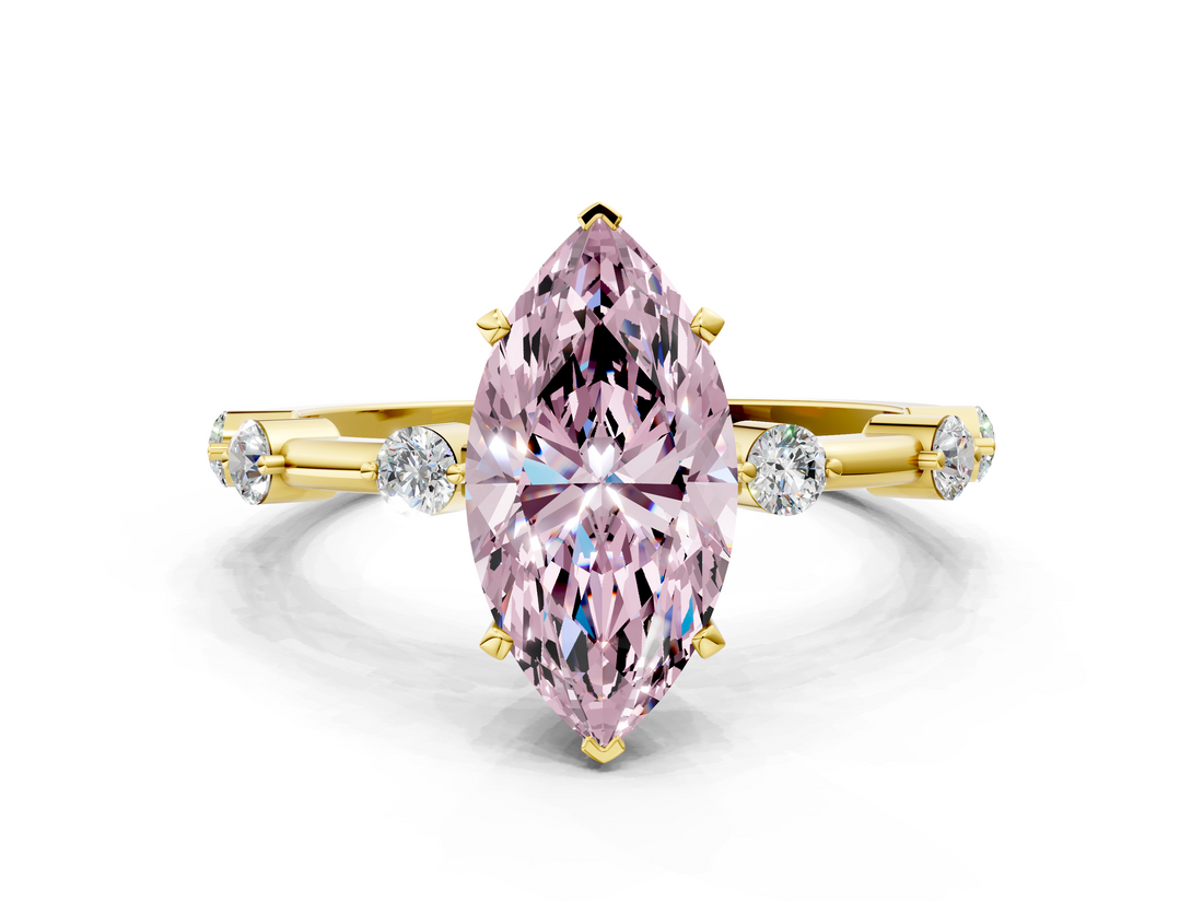 Yellow gold Fancy Pink Marquise  Solitaire Diamond Ring with Bezel Set Side Stones and Prong Setting_3