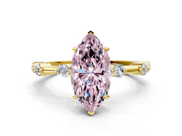 Yellow gold Fancy Pink Marquise  Solitaire Diamond Ring with Bezel Set Side Stones and Prong Setting