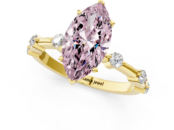 Yellow gold Fancy Pink Marquise  Solitaire Diamond Ring with Bezel Set Side Stones and Prong Setting
