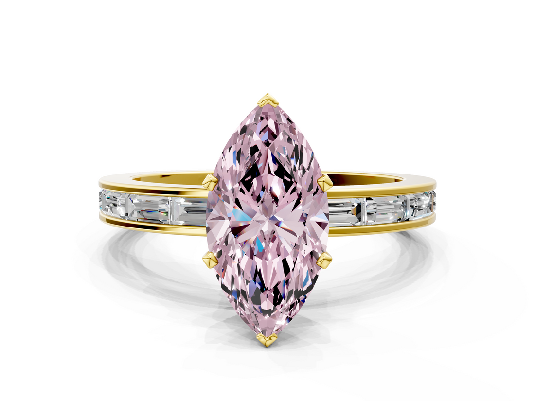 Yellow gold Fancy Pink Marquise  Solitaire Diamond Ring with Channel-Set Baguette Band and Four-Prong Setting_80