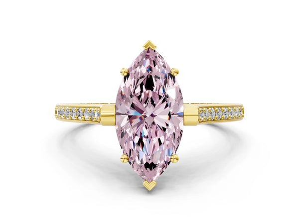 Yellow gold Fancy Pink Marquise  Solitaire Diamond Ring with Channel Set Band and Bezel Prong Setting