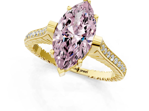 Yellow gold Fancy Pink Marquise  Solitaire Diamond Ring with Channel Set Band and Bezel Prong Setting