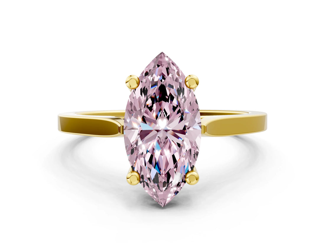 Yellow gold Fancy Pink Marquise  Solitaire Diamond Ring with Four-Prong Setting and Tapered Band 1