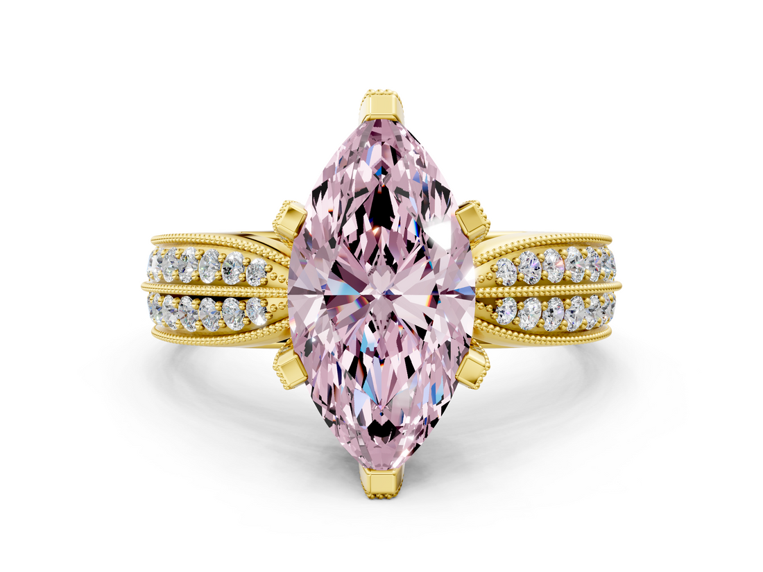 Yellow gold Fancy Pink Marquise  Solitaire Diamond Ring with Milgrain Pavé Band and Four-Prong Setting_20