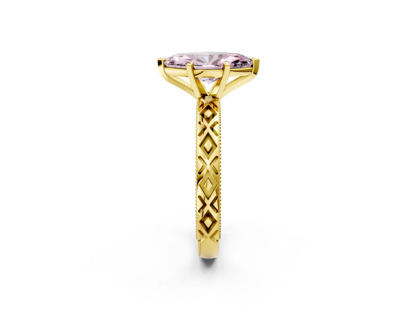 Yellow gold Fancy Pink Marquise  Solitaire Diamond Ring with Milgrain and Black Enamel X Pattern Band