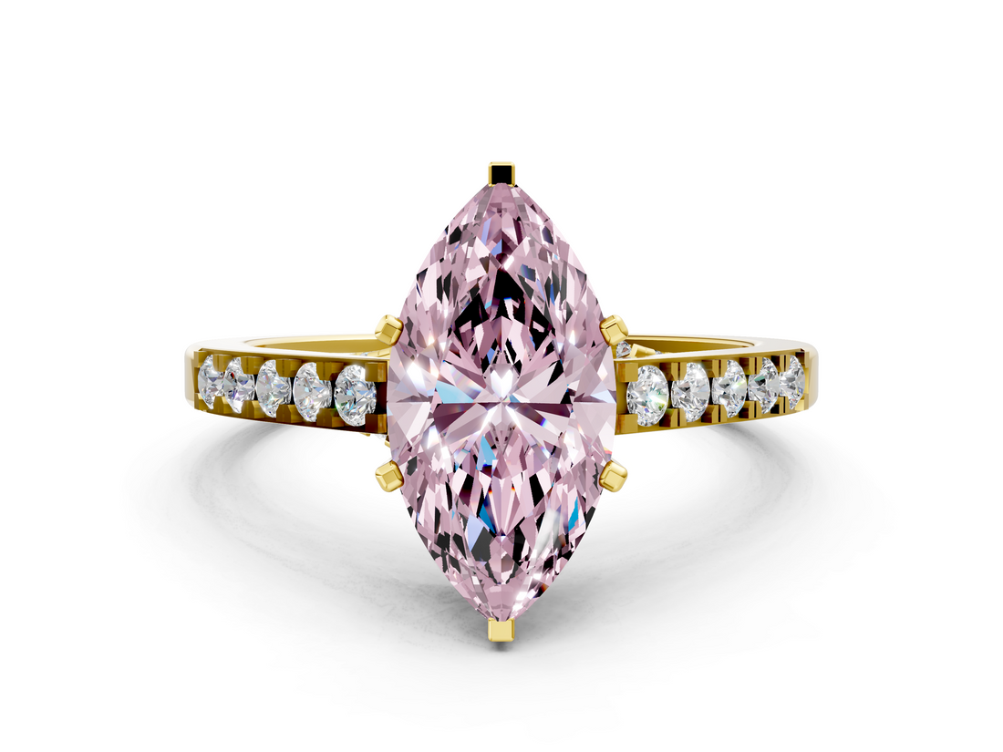 Yellow gold Fancy Pink Marquise  Solitaire Diamond Ring with Pavé Band and Four-Prong Setting_114