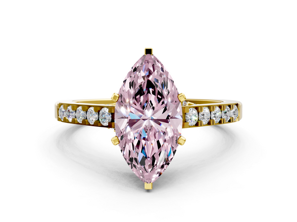 Yellow gold Fancy Pink Marquise  Diamond Solitaire Ring with Pavé Band and Prong Setting